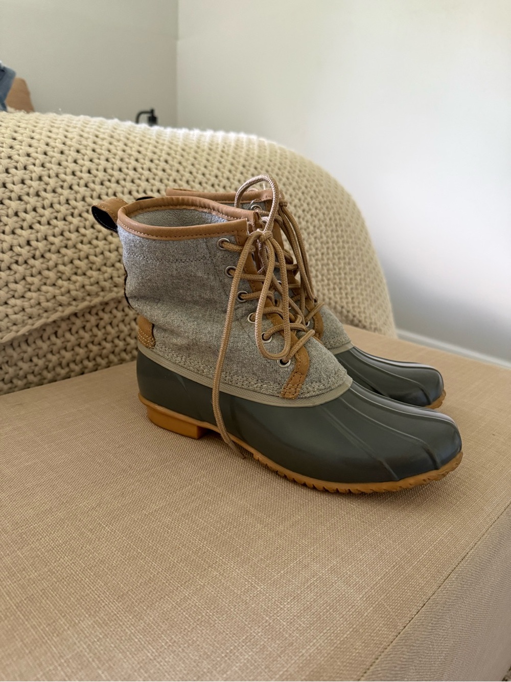 Women's Grey and Tan Lace-Up Duck Boots